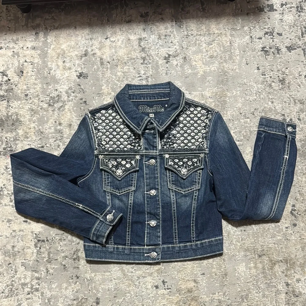 Miss Me Cropped Rhinestone Jean Jacket - Picture 1 of 5